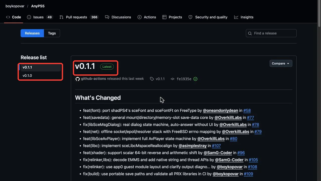 Página de releases do AnyPS5 no GitHub com a versão mais recente