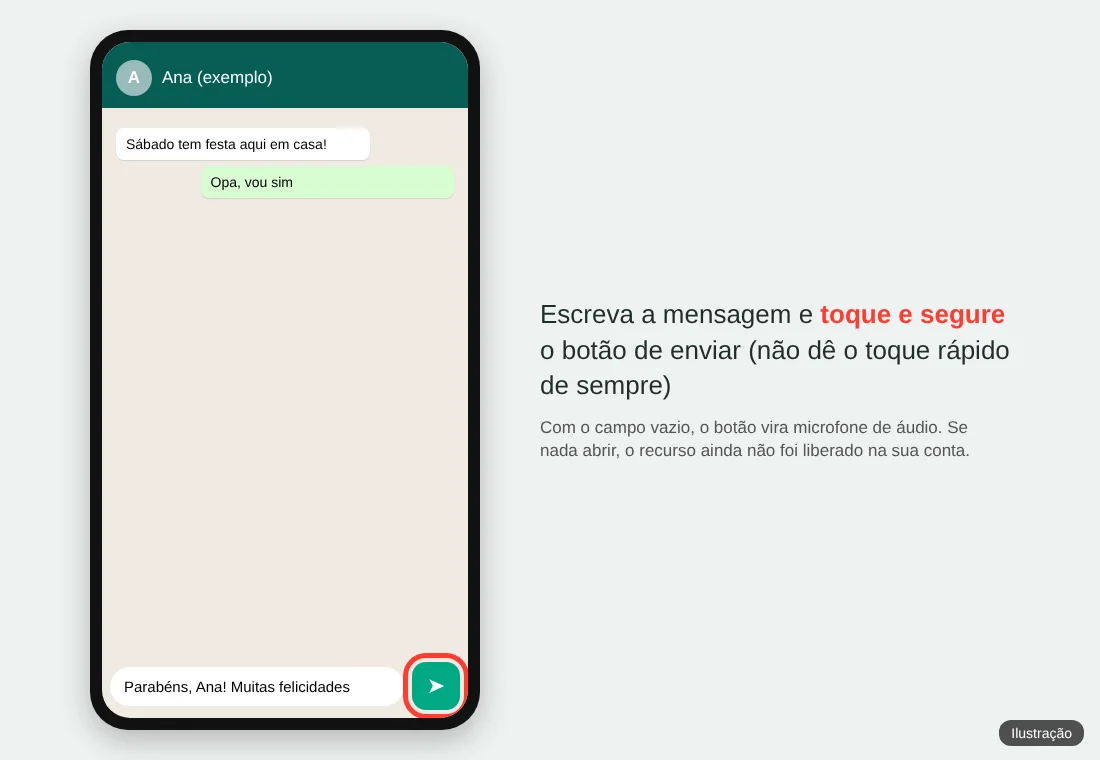 Ilustração de conversa no WhatsApp com mensagem digitada e o botão de enviar destacado para tocar e segurar