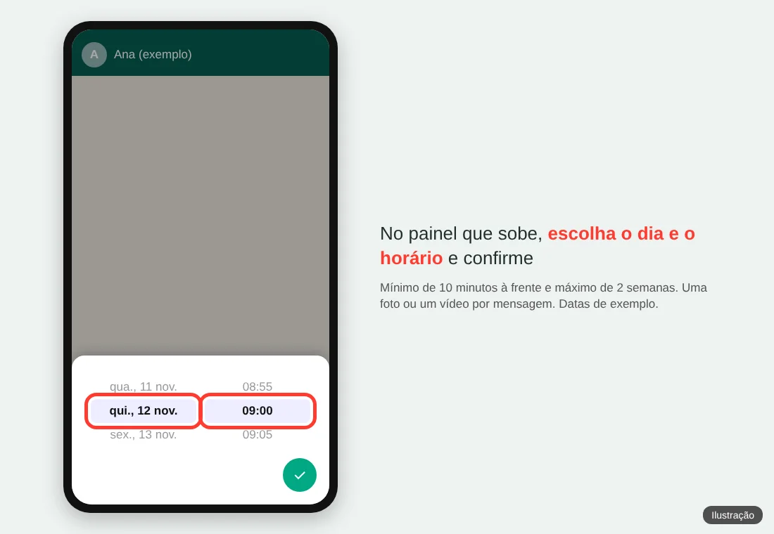 Ilustração do painel de agendamento do WhatsApp com seleção de dia e horário