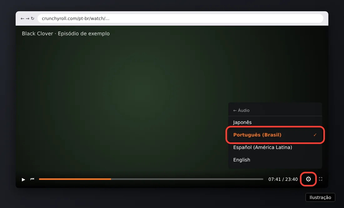 Ilustração do player da Crunchyroll com o menu Áudio aberto e Português (Brasil) destacado