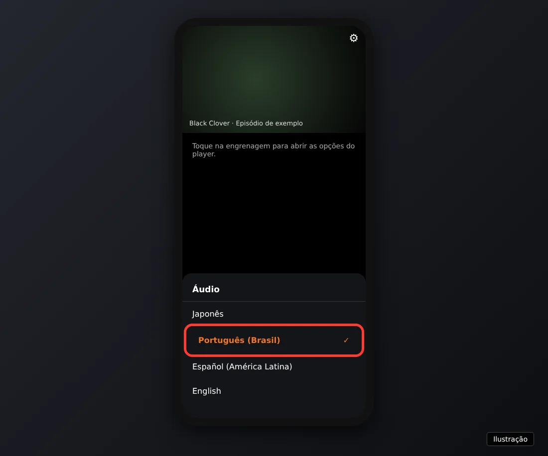 Ilustração do app da Crunchyroll no celular com a lista de idiomas de áudio