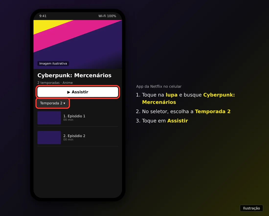Ilustração da página de Cyberpunk: Mercenários no app da Netflix com o botão Assistir e o seletor Temporada 2 destacados