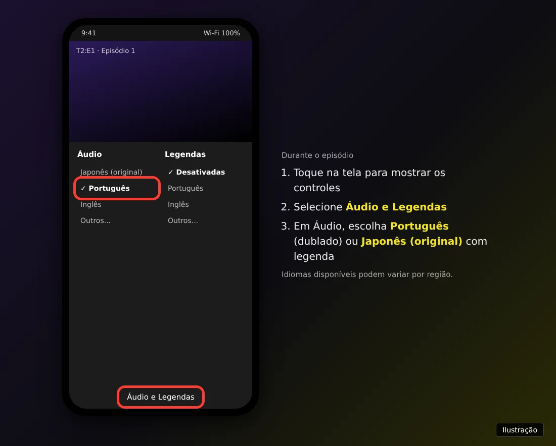Ilustração do menu Áudio e Legendas da Netflix com o áudio Português selecionado