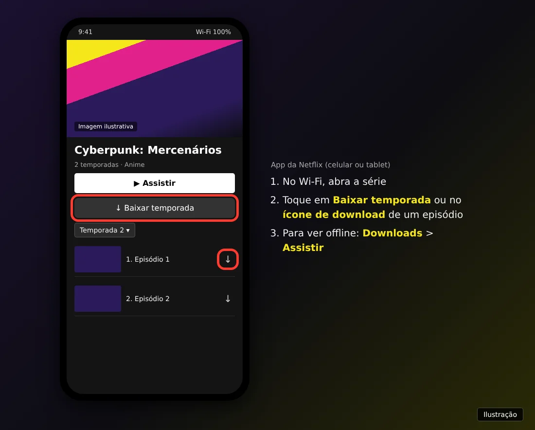 Ilustração do app da Netflix com o botão Baixar temporada e o ícone de download de um episódio destacados