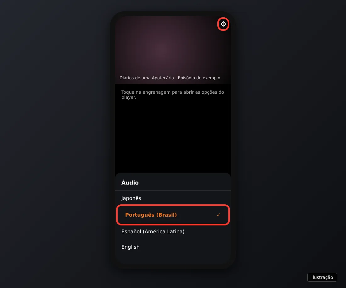 Ilustração do app da Crunchyroll no celular com a lista de idiomas de áudio aberta