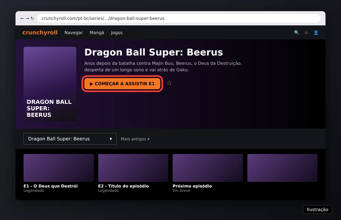 Ilustração da página de Dragon Ball Super: Beerus na Crunchyroll com o botão Começar a assistir destacado