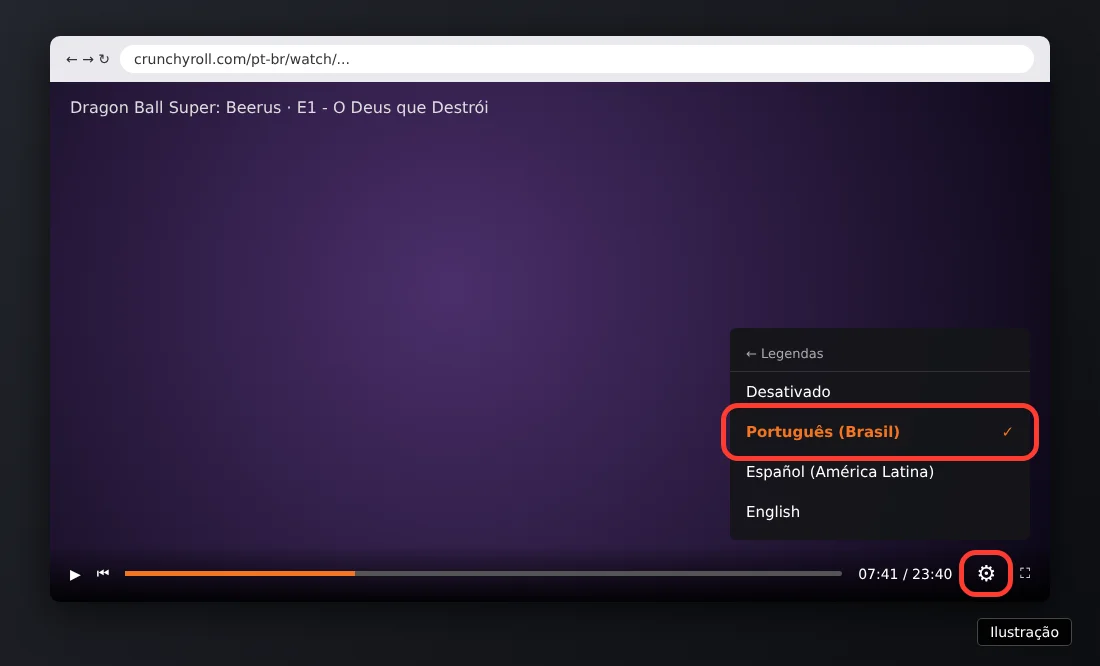 Ilustração do player da Crunchyroll com o menu Legendas aberto e Português (Brasil) destacado