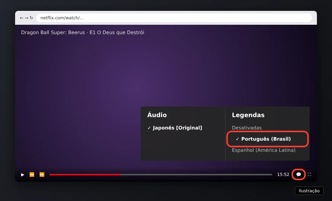 Ilustração do player da Netflix com o menu Áudio e Legendas aberto e Português (Brasil) destacado