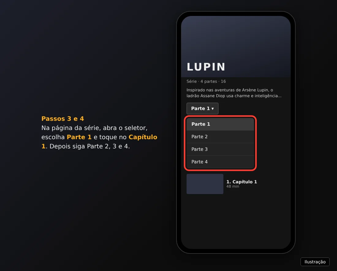 Ilustração da página de Lupin na Netflix com o seletor aberto mostrando Parte 1 a Parte 4