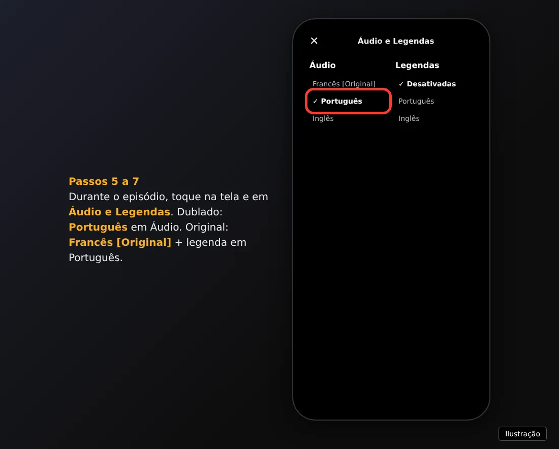 Ilustração do menu Áudio e Legendas da Netflix no celular com Português selecionado em Áudio