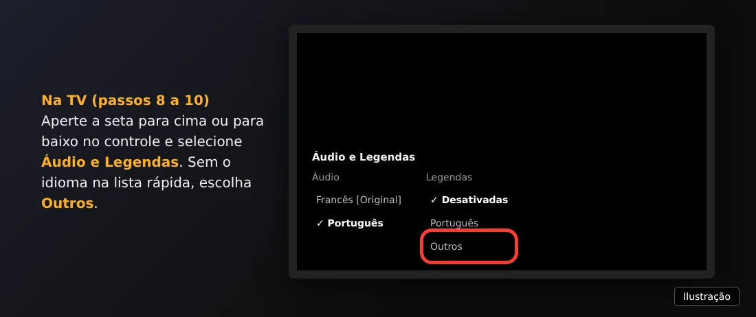 Ilustração do menu Áudio e Legendas na TV com a opção Outros destacada