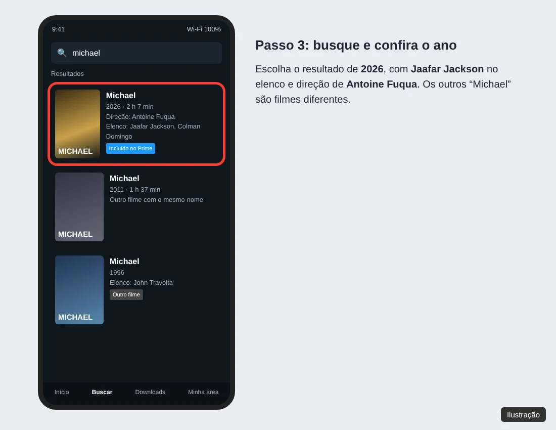 Ilustração da busca no app Prime Video com o filme Michael de 2026 destacado entre outros filmes com o mesmo nome