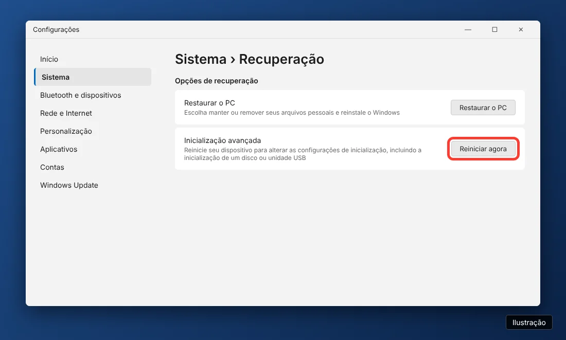 Configurações do Windows 11 em Sistema, Recuperação, com o botão Reiniciar agora da Inicialização avançada destacado