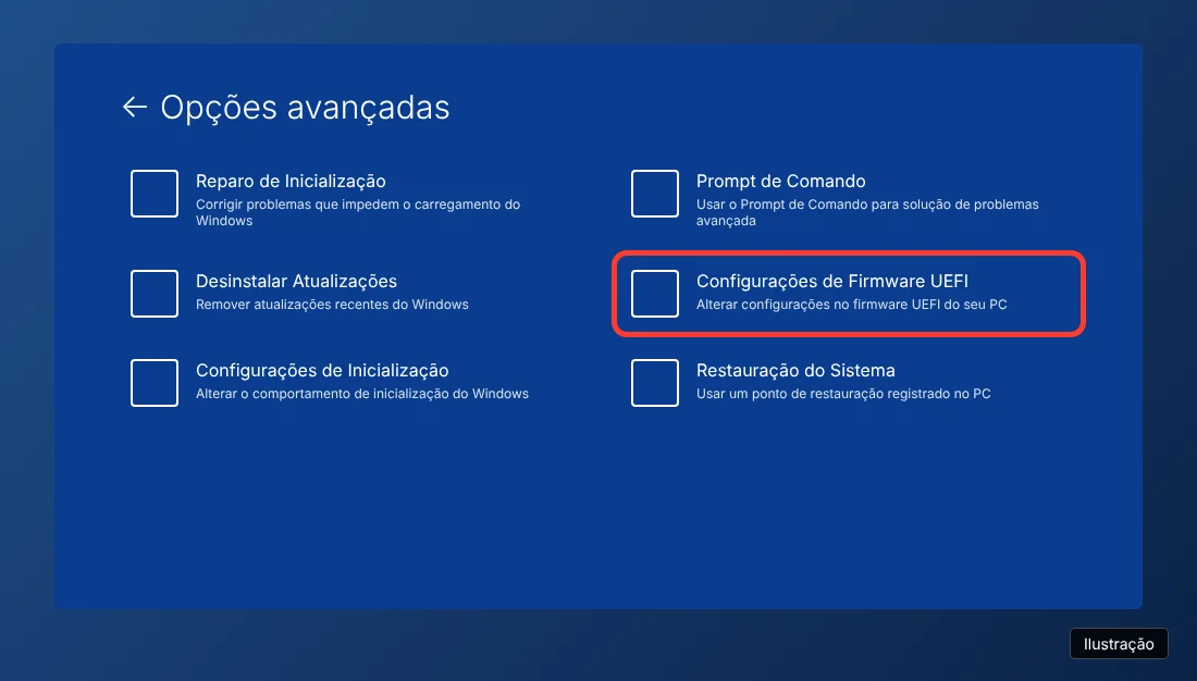 Tela azul Opções avançadas do Windows com Configurações de Firmware UEFI destacada
