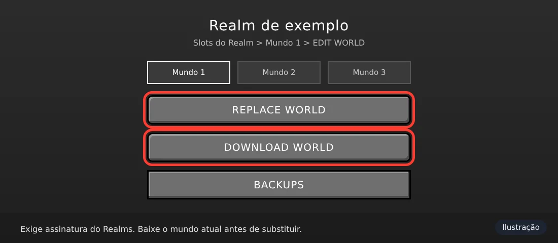 Ilustração da tela de edição de mundo do Realms no Minecraft com os botões REPLACE WORLD e DOWNLOAD WORLD
