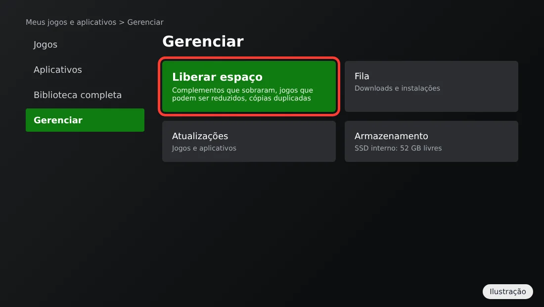 Tela Gerenciar do Xbox Series com a opção Liberar espaço destacada