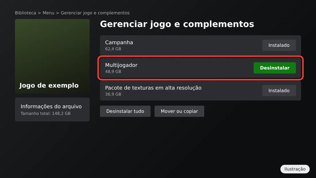 Menu Gerenciar jogo e complementos no Xbox com partes do jogo que podem ser desinstaladas