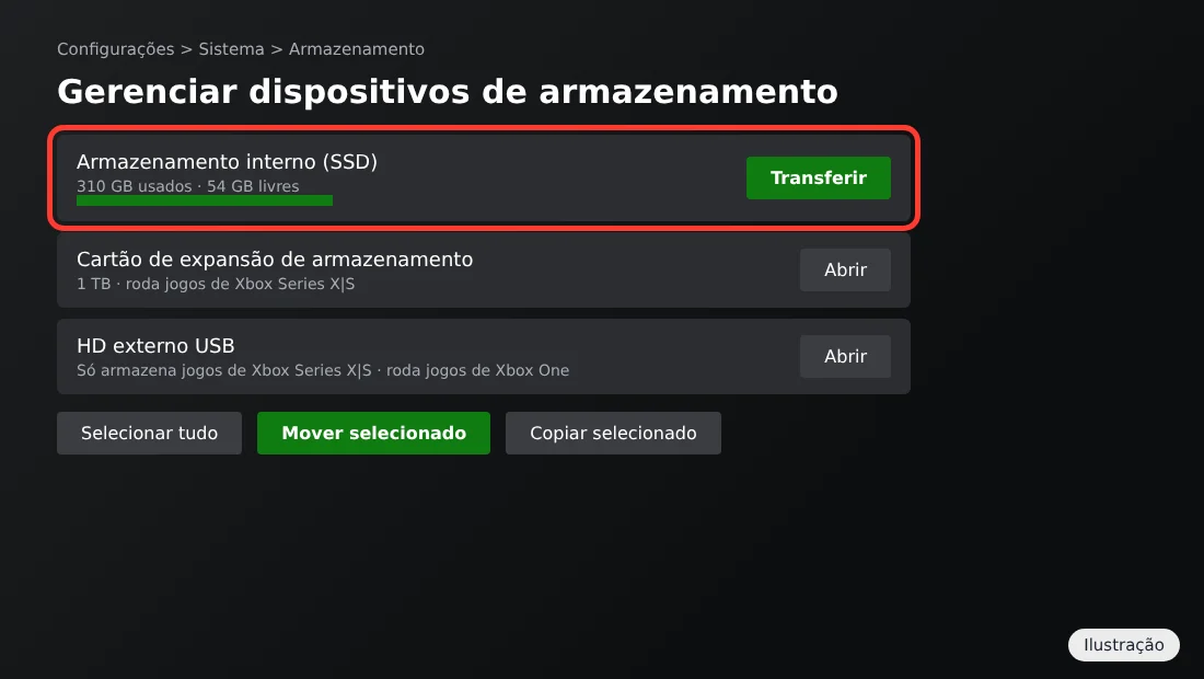 Tela de armazenamento do Xbox com SSD interno, cartão de expansão e HD externo USB
