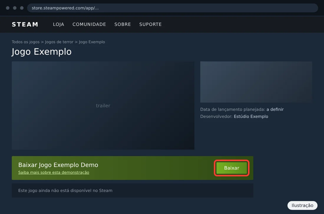 Ilustração da página de um jogo na Steam com o quadro Baixar Demo e o botão Baixar destacado