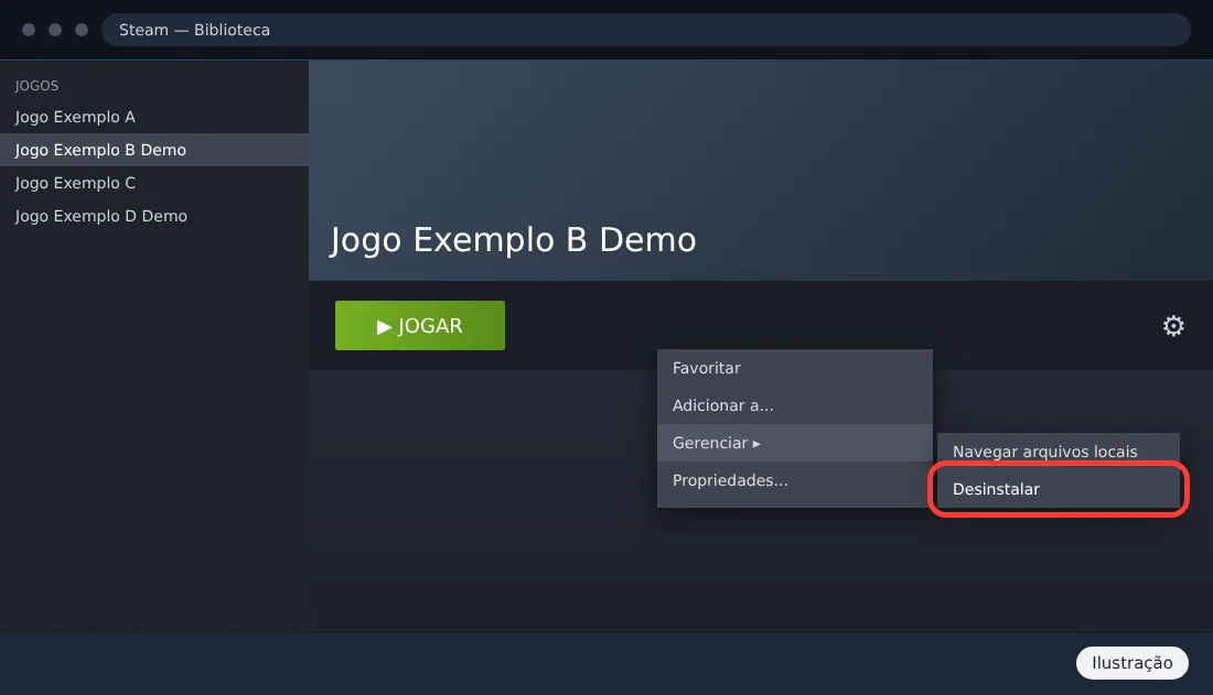 Ilustração da Biblioteca do Steam com o menu da engrenagem aberto em Gerenciar e a opção Desinstalar destacada