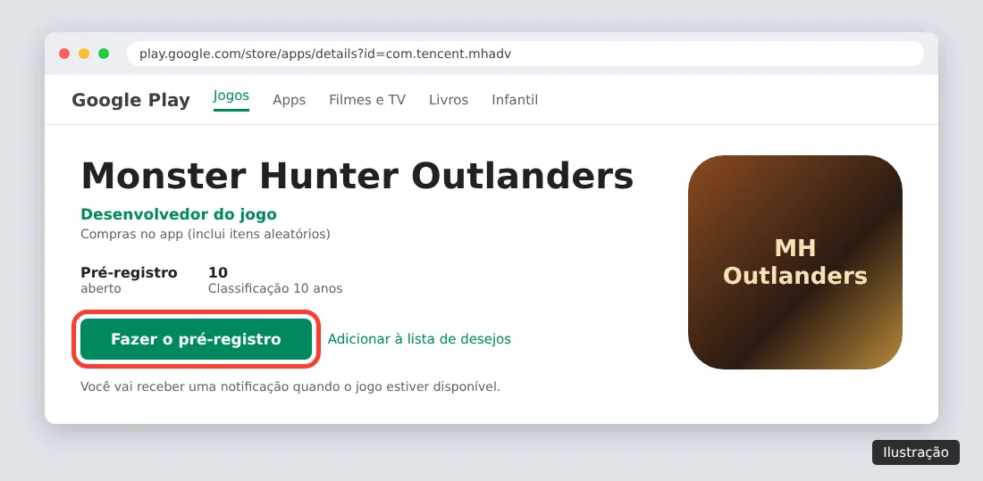 Ilustração da página de Monster Hunter Outlanders no site da Google Play com o botão Fazer o pré-registro destacado