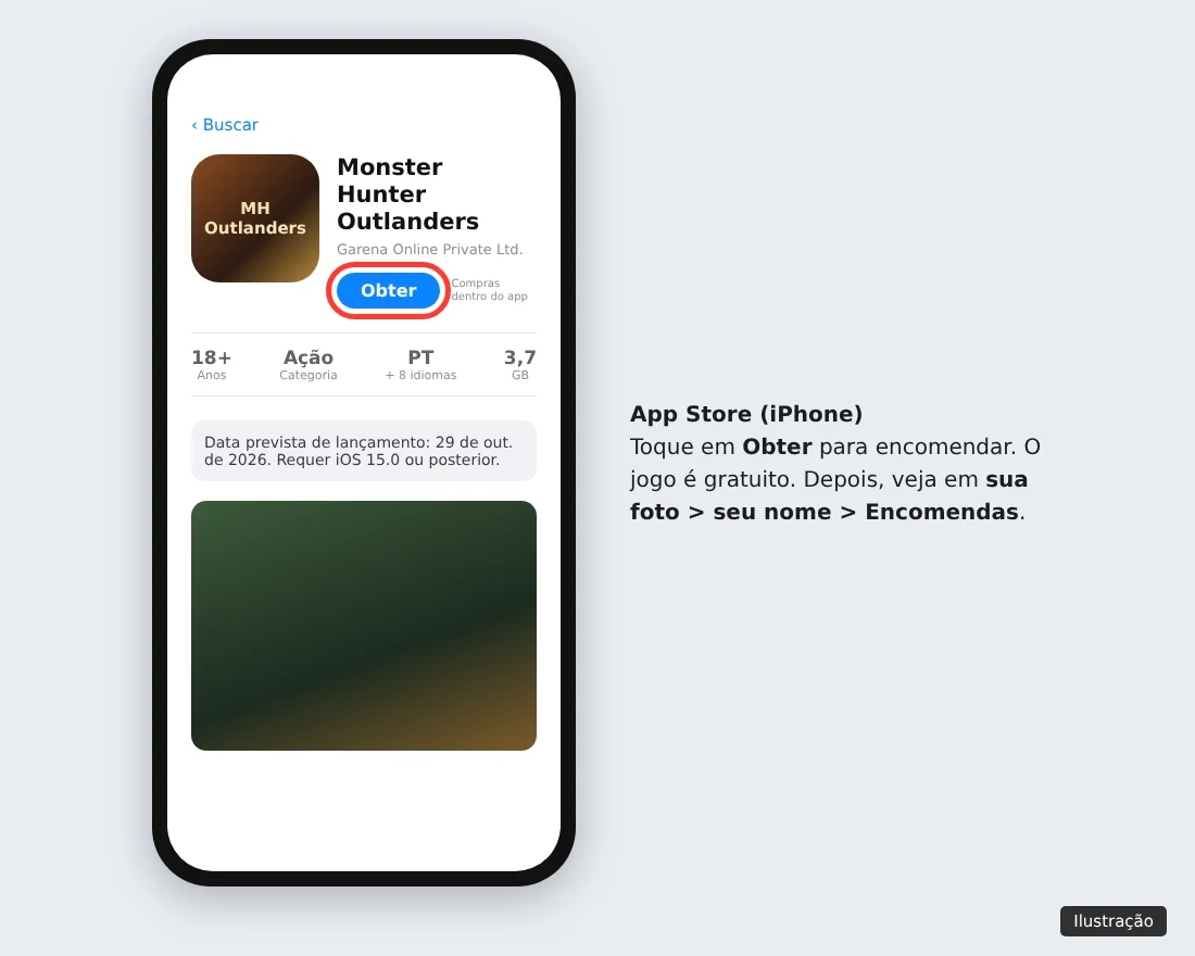 Ilustração da página de Monster Hunter Outlanders na App Store brasileira com o botão Obter destacado