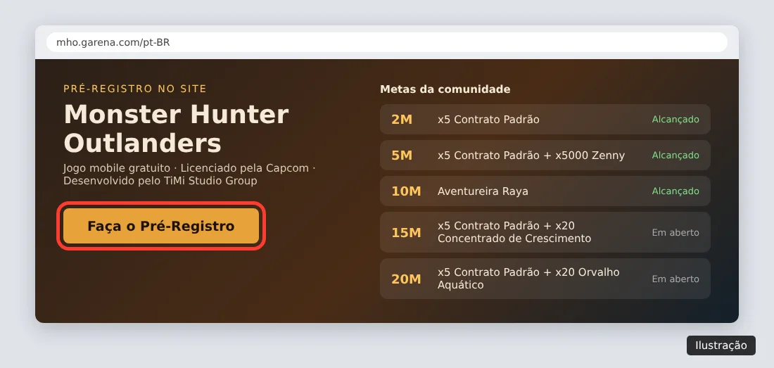Ilustração do site oficial da Garena com o botão Faça o Pré-Registro e o quadro de metas