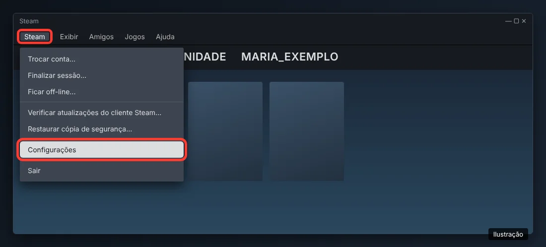 Menu Steam aberto no aplicativo para PC com a opção Configurações destacada