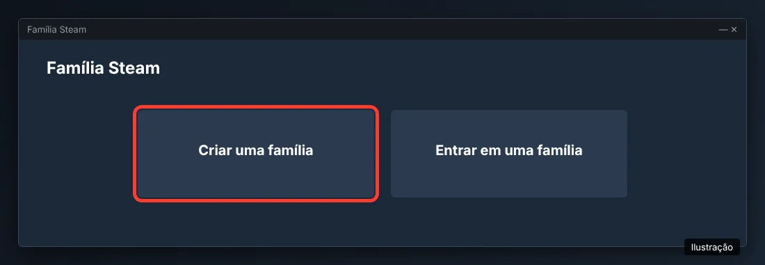 Tela da Família Steam com as opções Criar uma família e Entrar em uma família