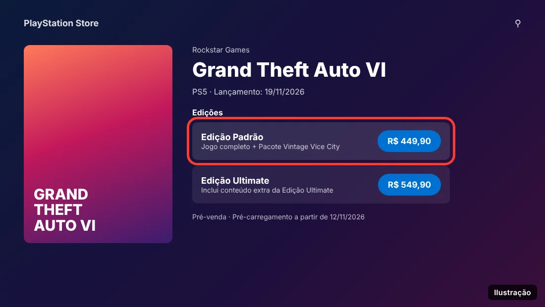 Página de GTA 6 na PlayStation Store do PS5 com a Edição Padrão e a Edição Ultimate