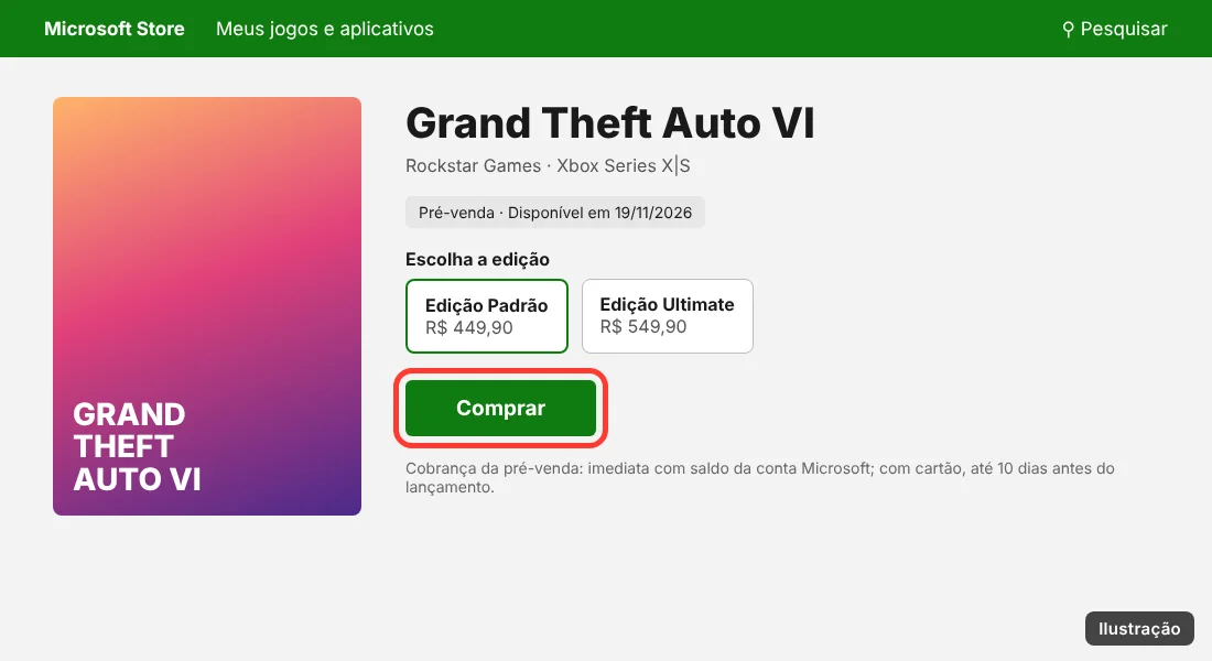 Página de GTA 6 na Microsoft Store do Xbox com o botão Comprar destacado