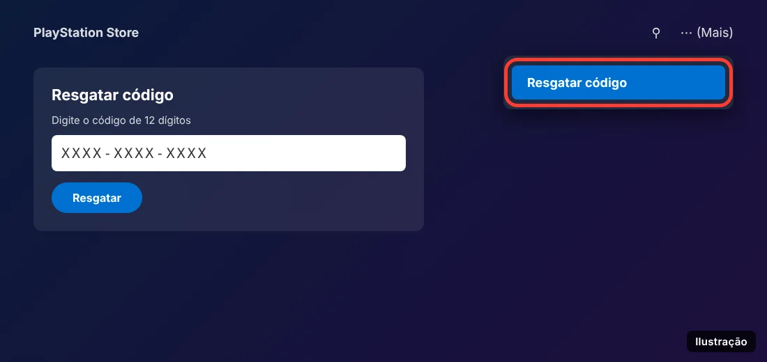 Menu Mais da PlayStation Store com a opção Resgatar código