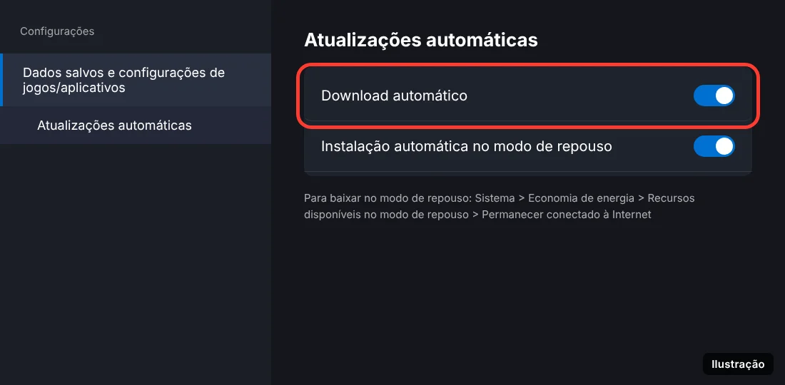 Tela Atualizações automáticas do PS5 com Download automático ativado
