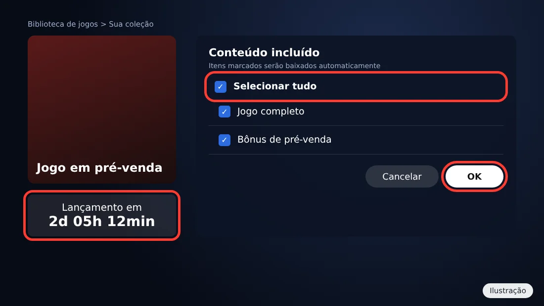 Ilustração da tela do PS5 com a contagem regressiva da pré-venda e a lista de conteúdos com Selecionar tudo marcado