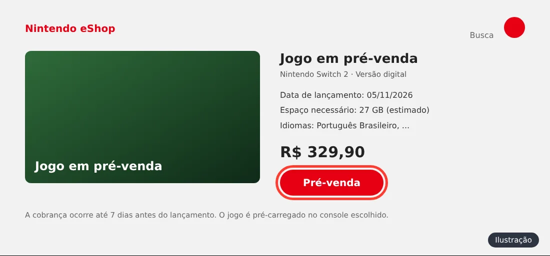 Ilustração da página de um jogo na Nintendo eShop do Switch 2 com preço, data de lançamento e o botão de pré-venda destacado