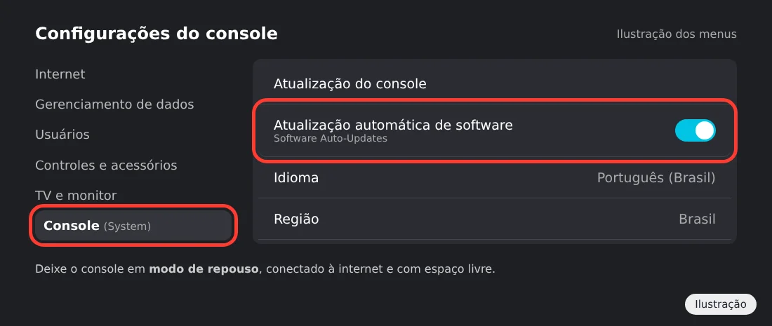 Ilustração das Configurações do console do Switch 2 na seção Console com a atualização automática de software ativada