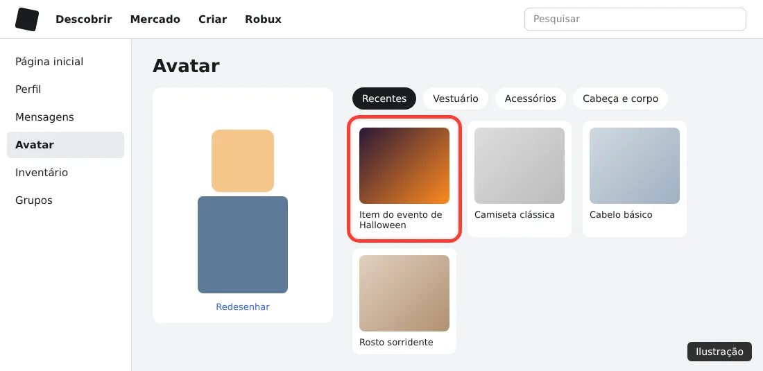 Ilustração do editor de Avatar do Roblox com o item do evento na aba Recentes