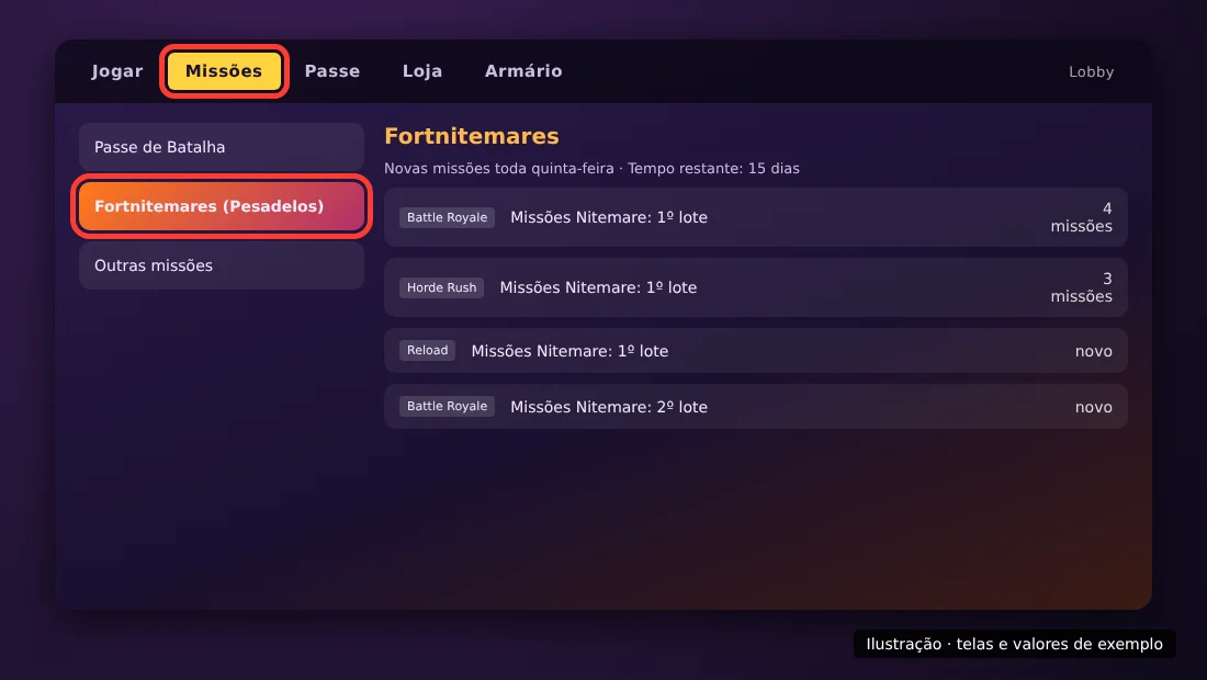 Ilustração do lobby do Fortnite com a aba Missões destacada