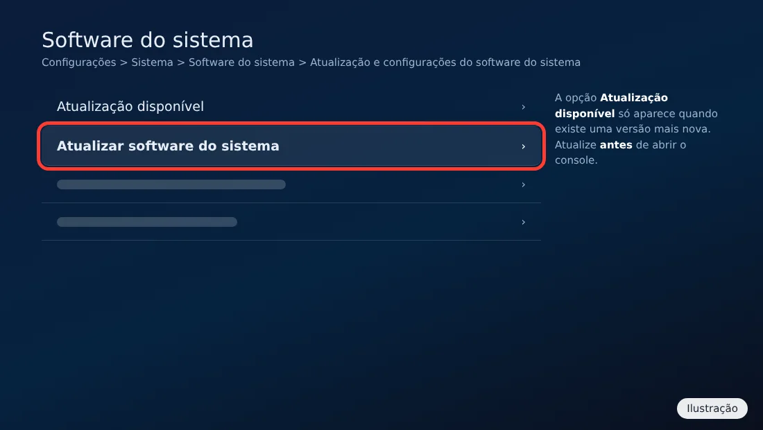 Ilustração da tela do PS5 em Configurações, Sistema, Software do sistema, com a opção Atualizar software do sistema destacada