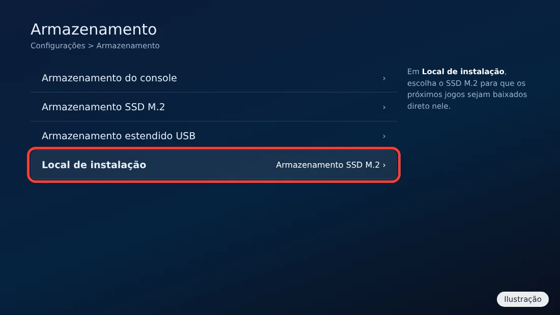 Ilustração da tela Armazenamento do PS5 com as opções Armazenamento do console, Armazenamento SSD M.2 e Local de instalação