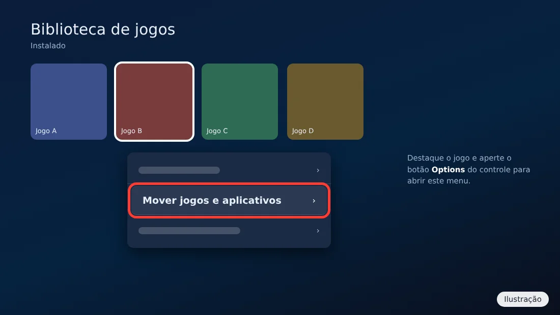 Ilustração da Biblioteca de jogos do PS5 com o menu do botão Options aberto e a opção Mover jogos e aplicativos destacada