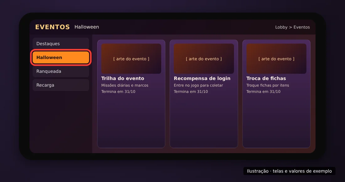 Ilustração do painel de Eventos do Free Fire com a aba de Halloween