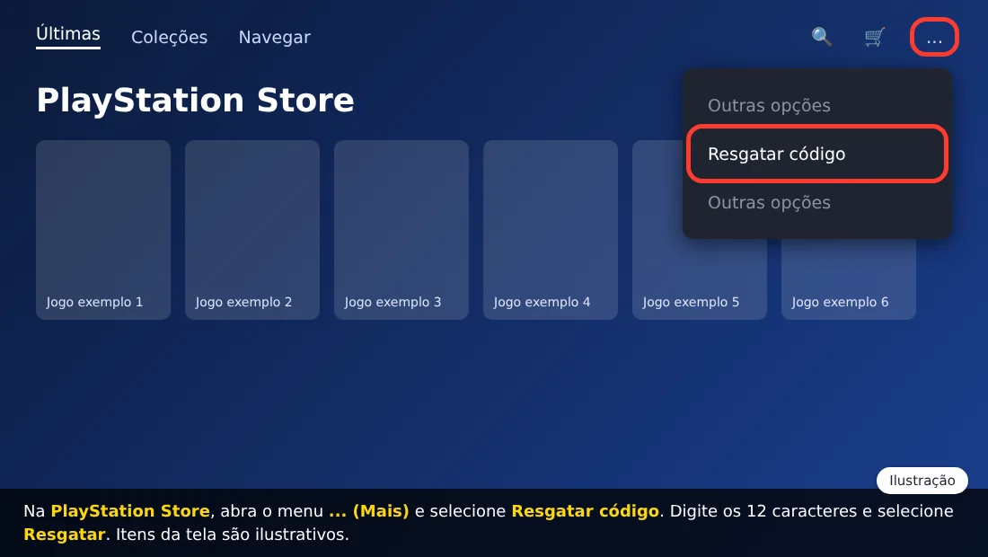 Ilustração da PlayStation Store no PS5 com o menu Mais aberto e a opção Resgatar código destacada