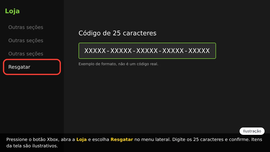 Ilustração da Loja do Xbox com o menu lateral e a opção Resgatar destacada