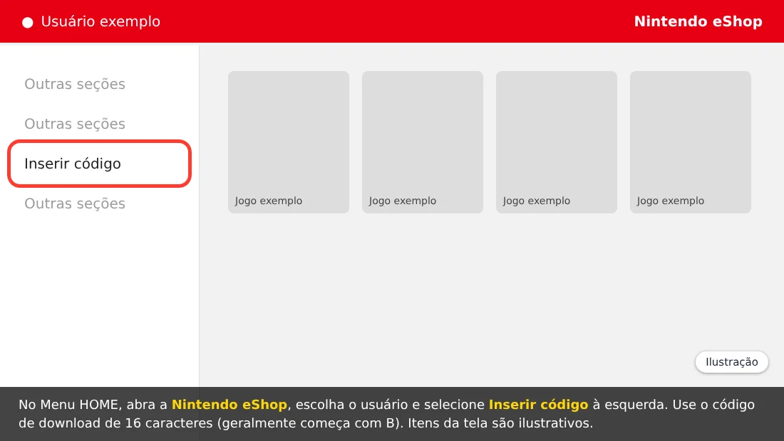 Ilustração da Nintendo eShop no Switch com a opção Inserir código destacada no lado esquerdo