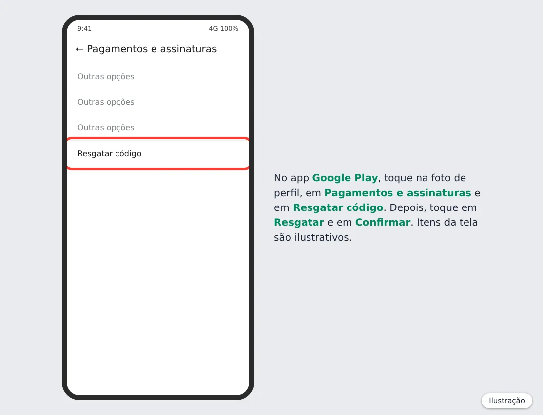 Ilustração do app Google Play no Android com a tela Pagamentos e assinaturas e a opção Resgatar código destacada