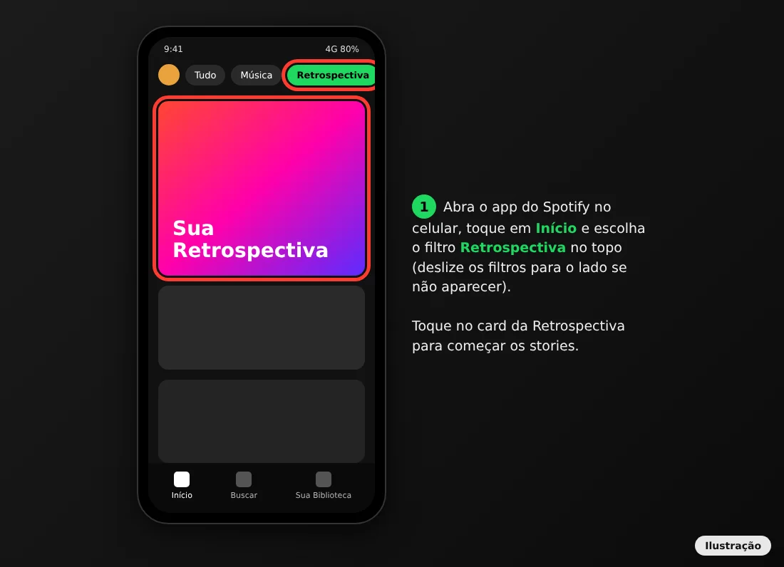 Tela inicial do app Spotify com o filtro Retrospectiva e o cartão da Retrospectiva destacados