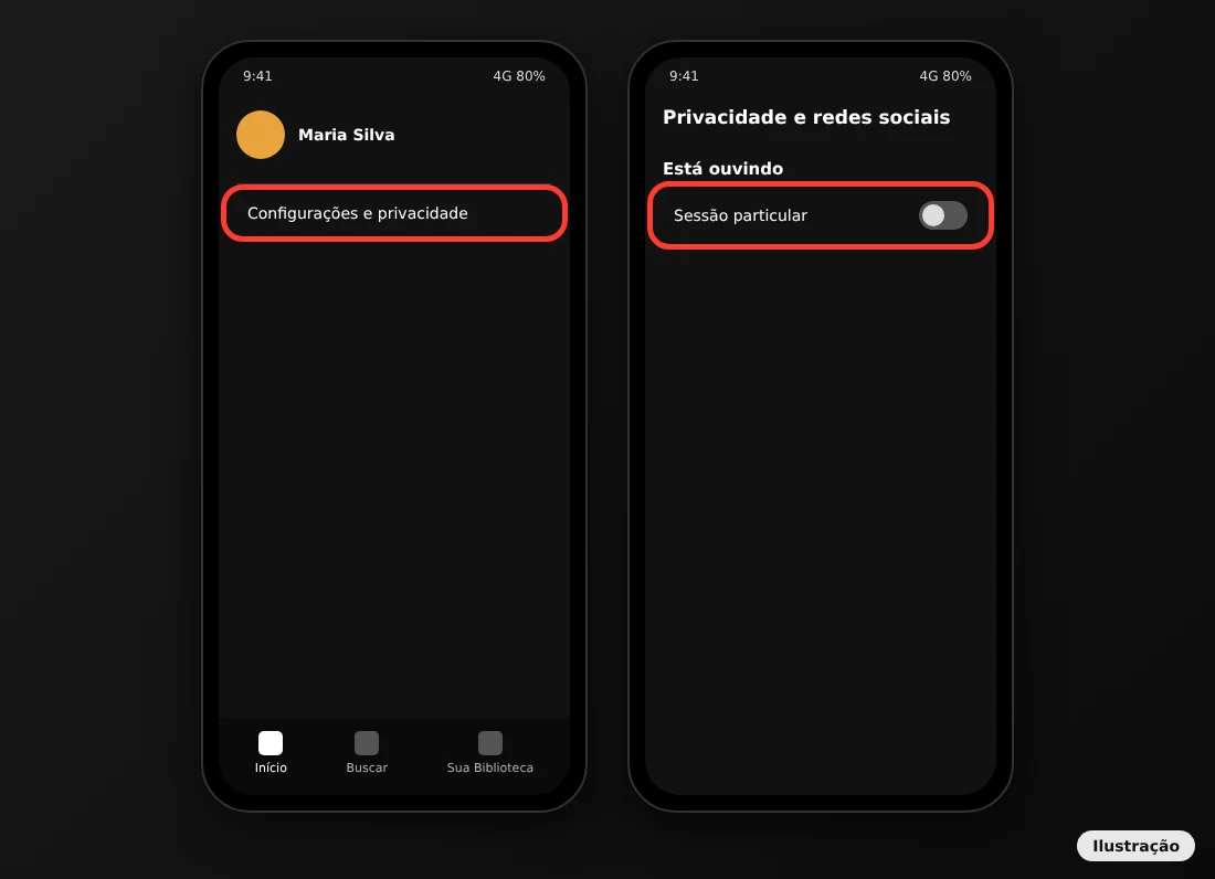 Menu Configurações e privacidade e tela Privacidade e redes sociais com a opção Sessão particular desligada