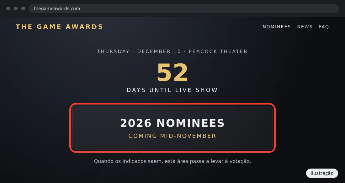 Página inicial do The Game Awards com a contagem regressiva e a área de indicados destacada