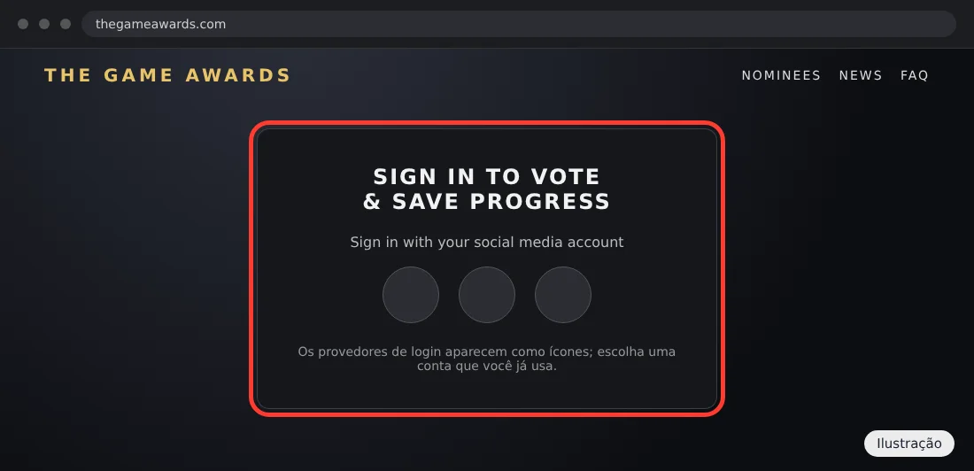 Painel de login do The Game Awards com a opção de entrar com conta de rede social destacada